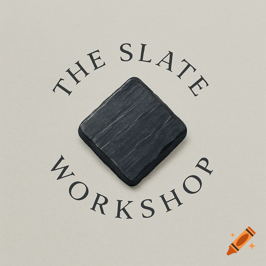 A minimalist logo for The Slate Workshop with a dark slate tile in the center and curved black text on a light beige background.