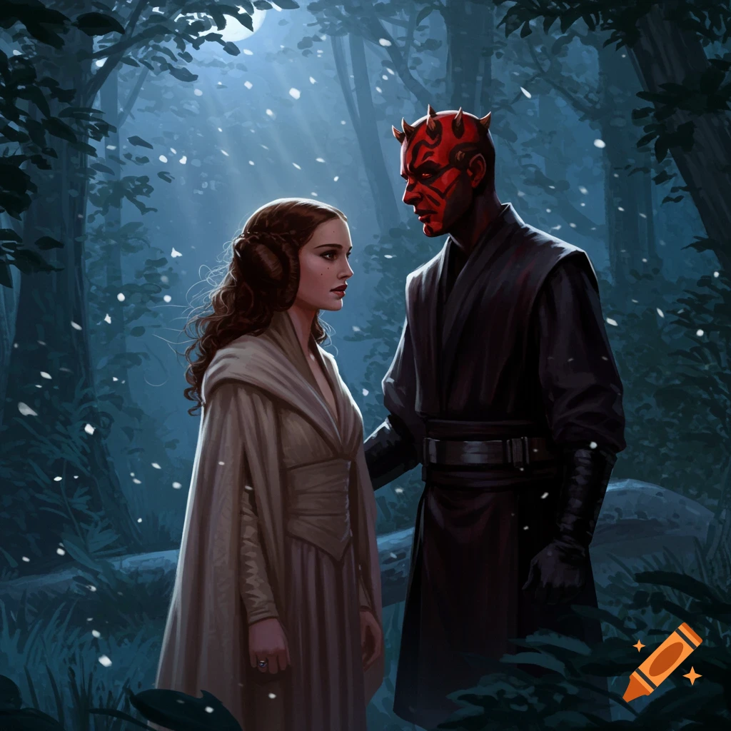 Digital painting of Padme Amidala and Darth Maul looking at each other in a moonlit forest with falling light particles.