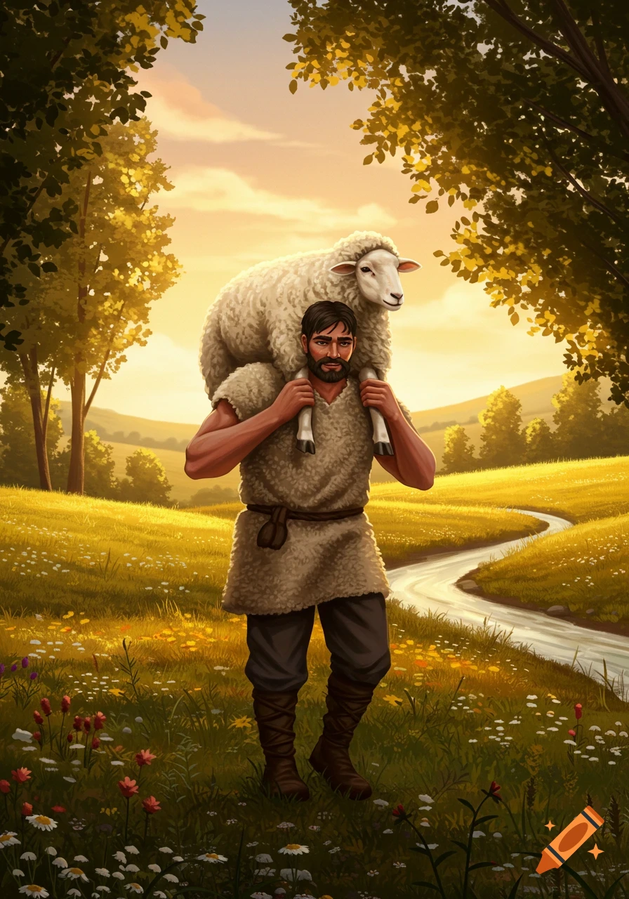 A stylized illustration of a shepherd carrying a white sheep on his shoulders through a sunny, golden meadow with a winding stream.