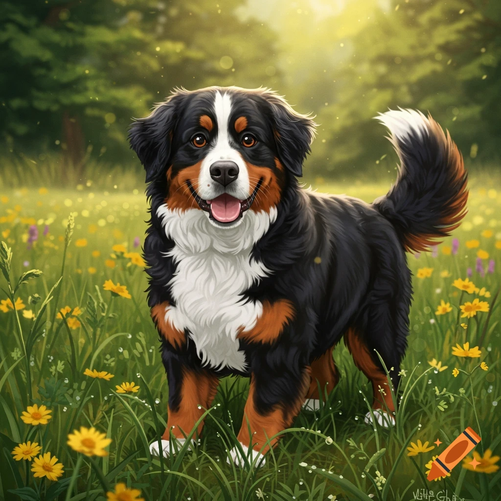 A happy Bernese Mountain Dog stands in a sunny field with yellow flowers, depicted in a vibrant digital illustration.