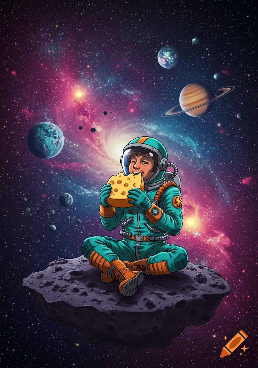 A cartoon astronaut in a teal and orange suit sits on an asteroid in space, eating a block of Swiss cheese amidst planets and a colorful galaxy.