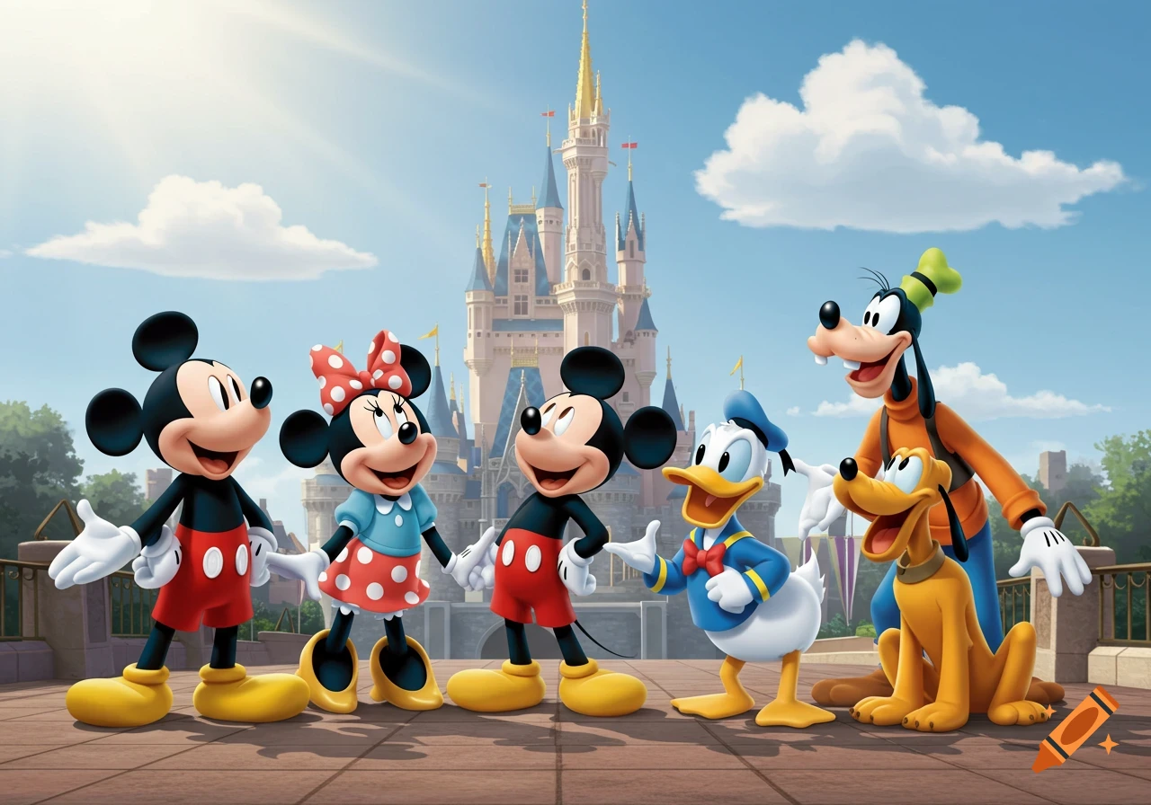 Animated Disney characters Mickey Mouse, Minnie Mouse, Donald Duck, Goofy, and Pluto stand in front of Cinderella's Castle.