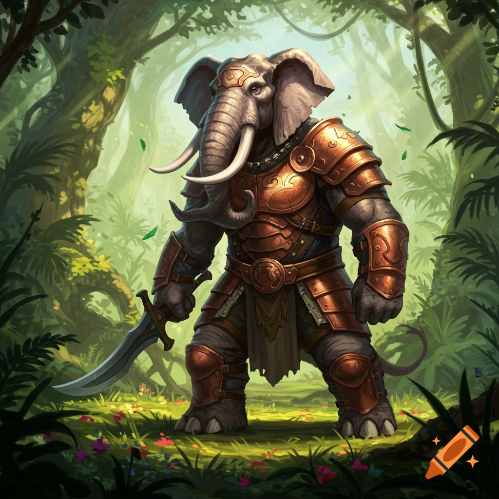 An armored Loxodon warrior with tusks stands holding a sword in a vibrant jungle, fantasy art style.