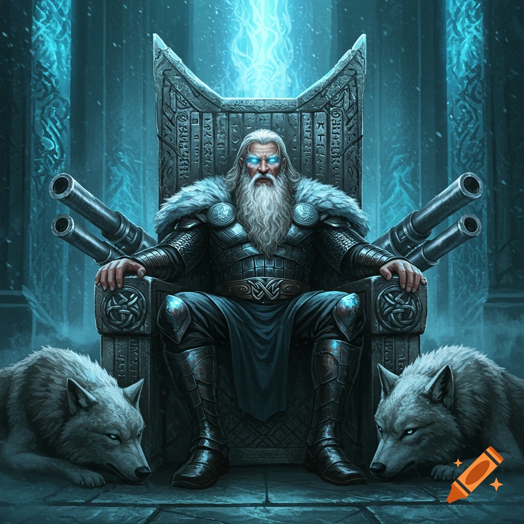 A powerful Odin, with white hair and glowing blue eyes, sits on an ornate stone throne, flanked by two wolves and large cannons, in a dark, icy chamber with blue light.