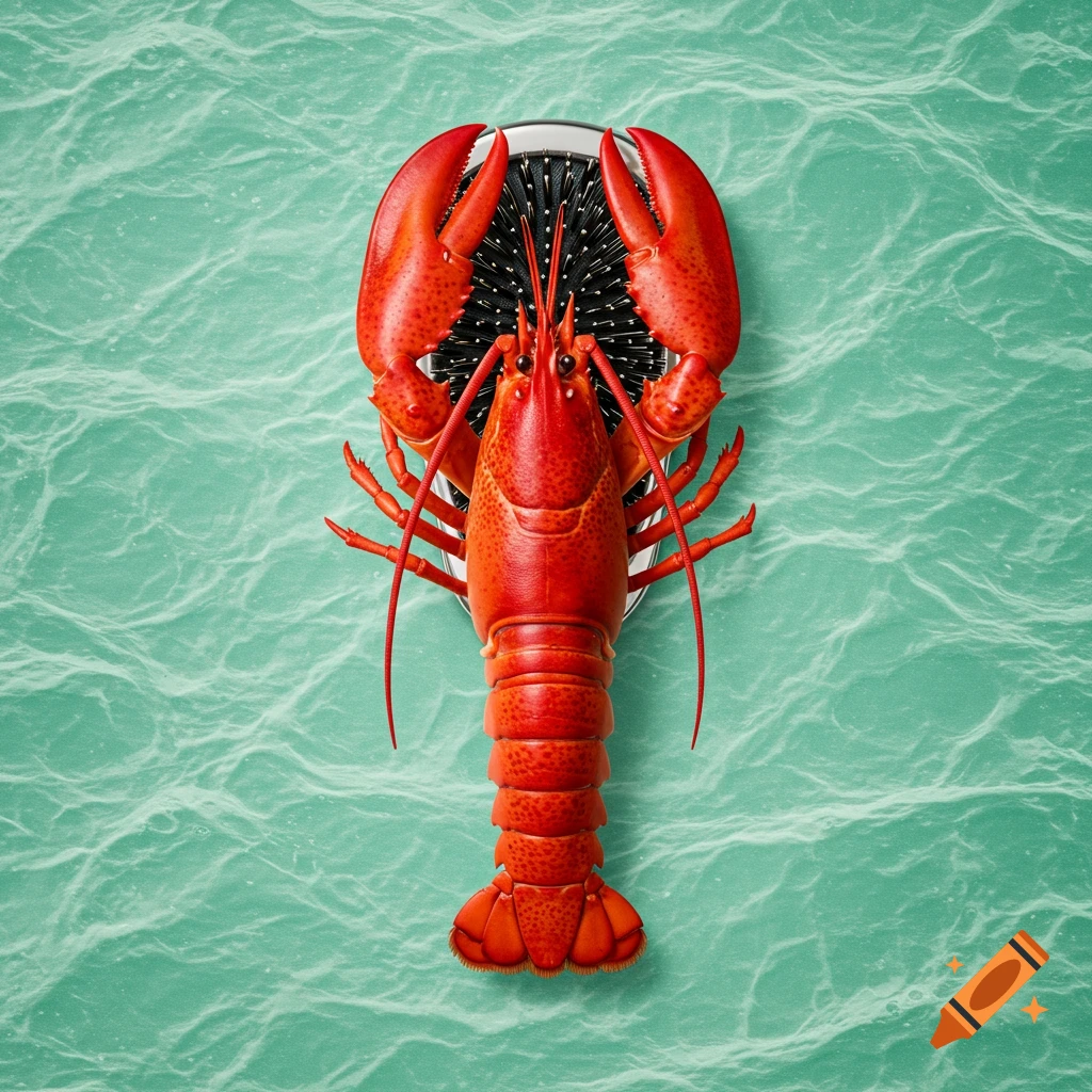 A bright red lobster fused with a black hairbrush, floating on rippling turquoise water.