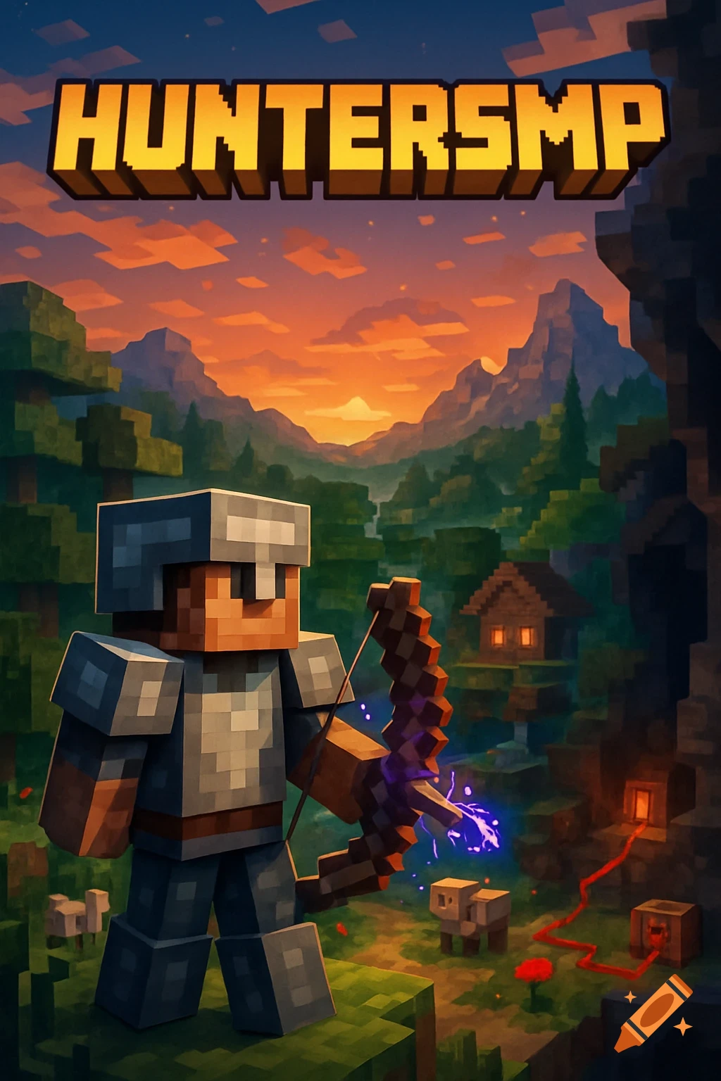 A Minecraft-style image with a blocky character in armor holding a glowing bow, set against a sunset landscape with mountains and a small house, with the text "HUNTERSMP" at the top.