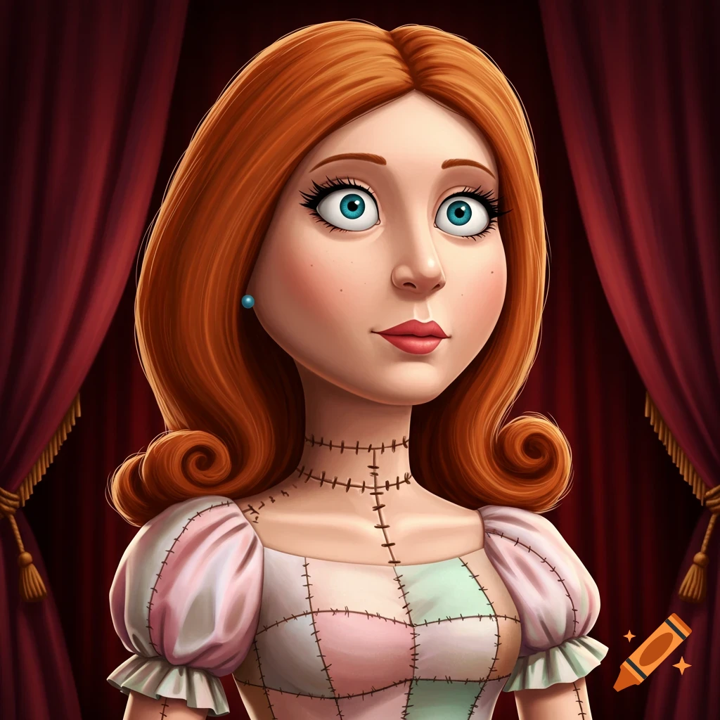 Cartoon portrait of a red-haired doll with blue eyes, stitches on her neck, and a patchwork dress against red curtains.