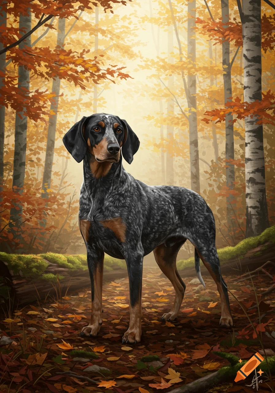 A blue tic hound dog stands in an autumn forest with bright orange and yellow foliage. The artwork has a painterly style.