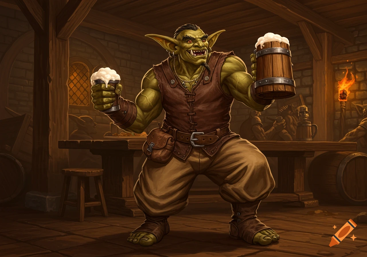 A muscular, green-skinned hobgoblin grins while holding two frothy mugs of beer in a rustic tavern. Detailed D&D-style illustration.