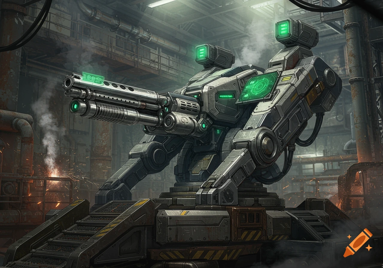 A detailed, realistic grey metal futuristic shotgun turret with glowing green screens in an industrial factory setting.