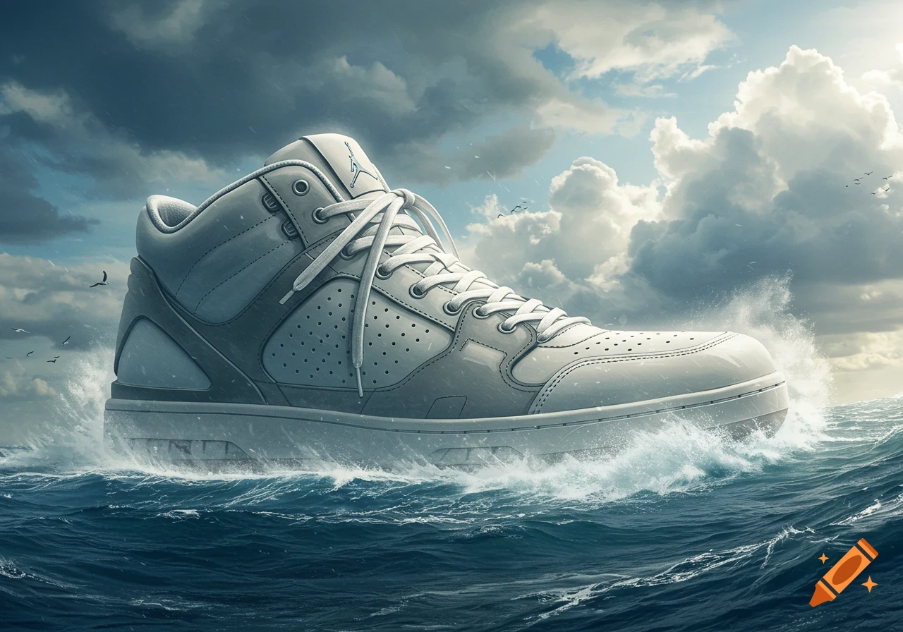 A giant white sneaker floats on stormy ocean waves under a dramatic sky, acting as a ship.