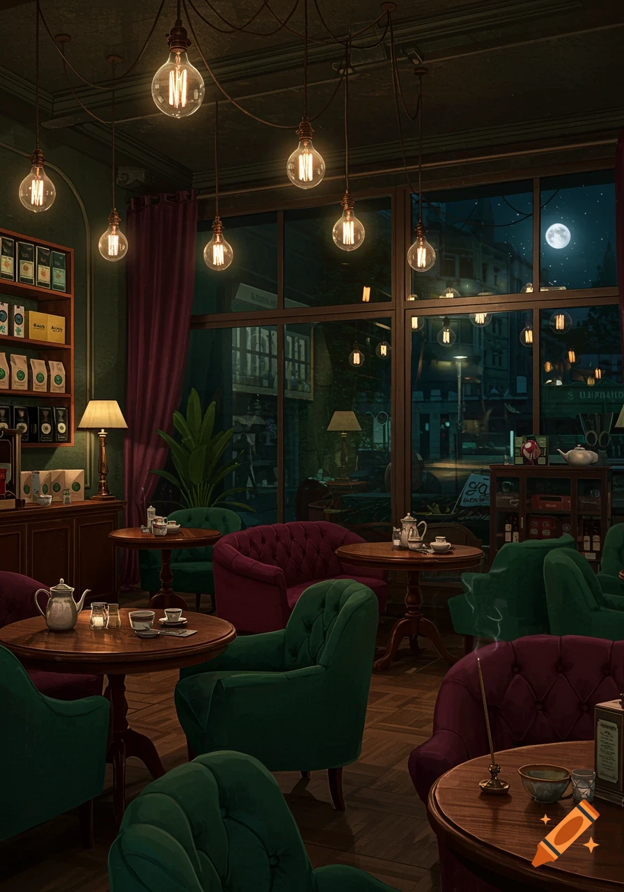 A cozy, dimly lit luxury coffee shop interior at night, with dark green and burgundy armchairs, wooden tables, and glowing Edison bulbs.