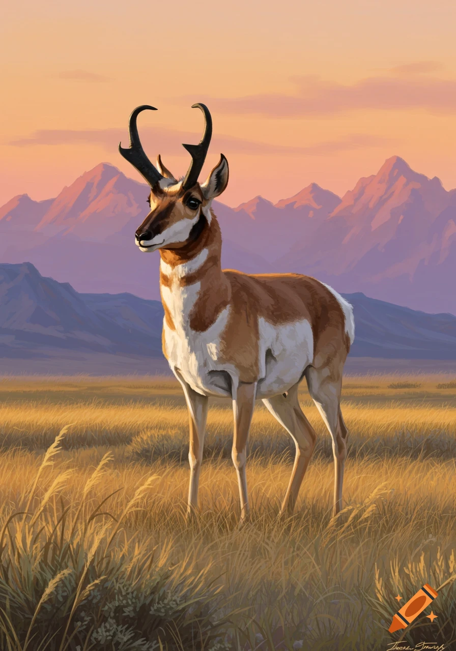 A pronghorn antelope stands in a golden field with mountains in the background under an orange sunset sky.