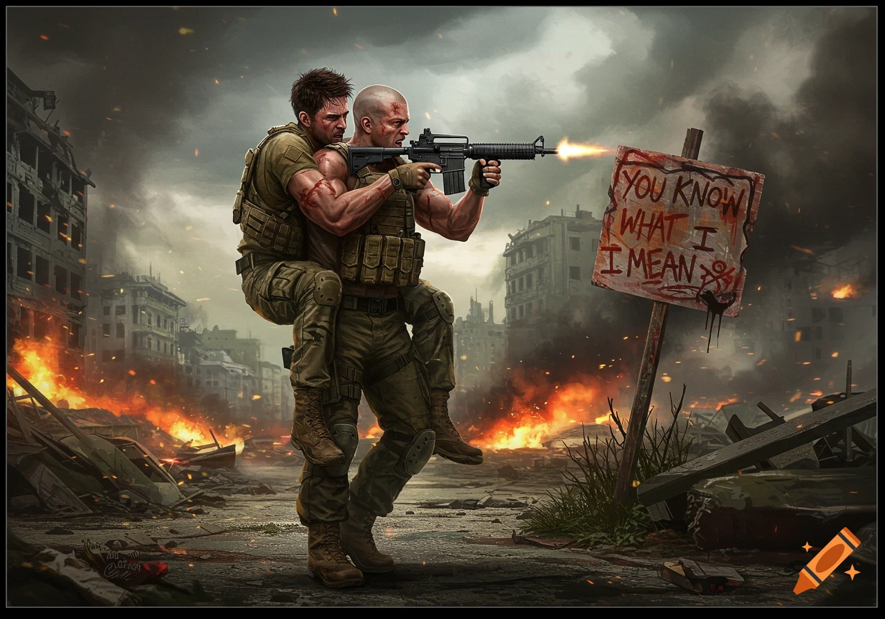A bald soldier carrying a dark-haired comrade on his back, firing a rifle in a fiery, destroyed city, with a sign reading 'You Know What I Mean'. Digital art style.