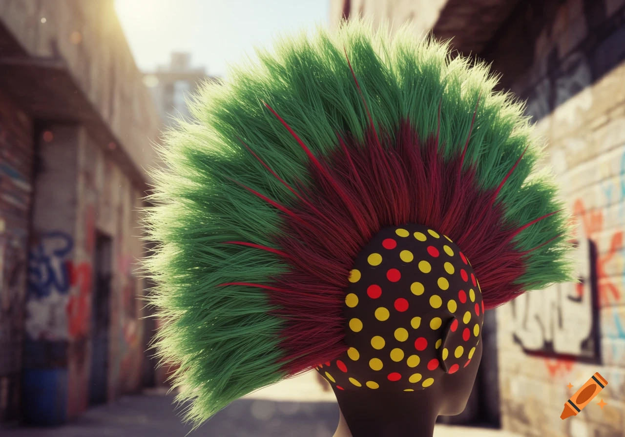 Stylized head with a large green and red mohawk, and a black head covered in red and yellow polka dots, in an urban setting.
