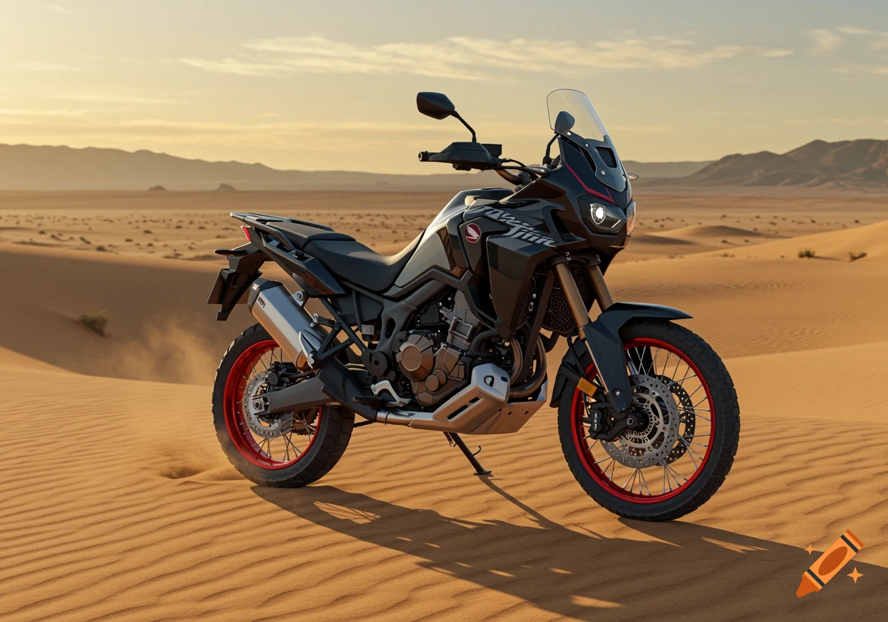 A black Honda Africa Twin motorcycle with red wheels parked on sand dunes in a desert at sunset.