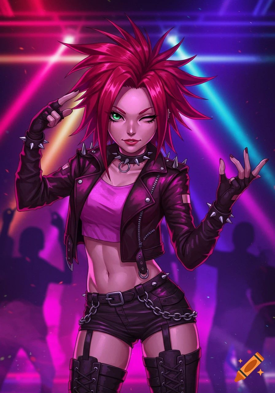 An anime-style character with spiky red hair and green eyes, wearing a black leather jacket, pink crop top, studded choker, shorts, and boots, posing in a vibrant neon-lit nightclub.