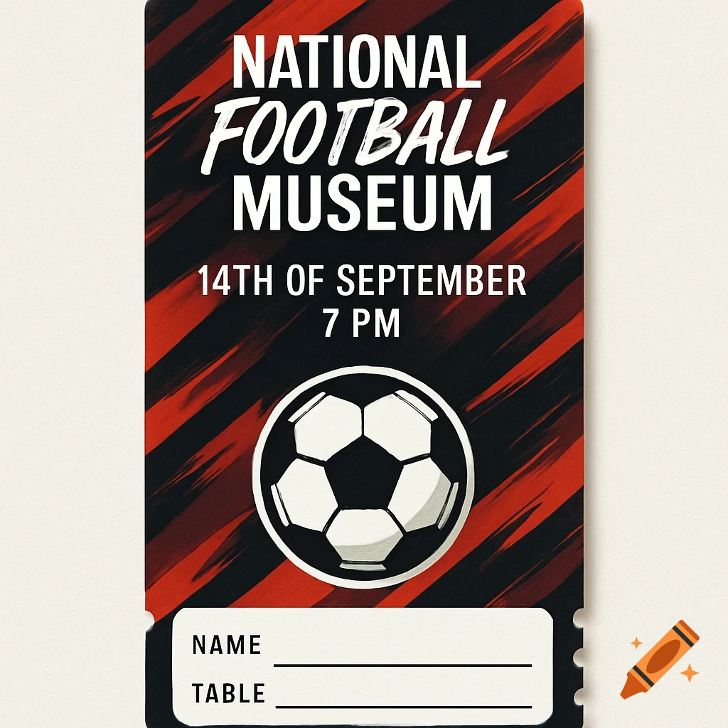 A black and red soccer ticket for the National Football Museum, with a soccer ball icon and fields for name and table.