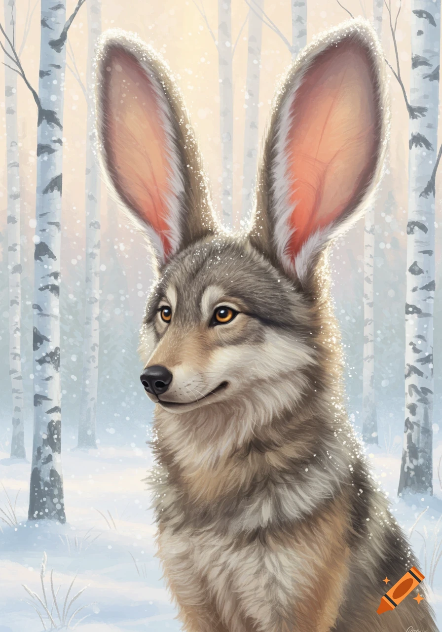 A cute wolf with large rabbit ears sits in a snowy birch forest. The sun shines through the trees.