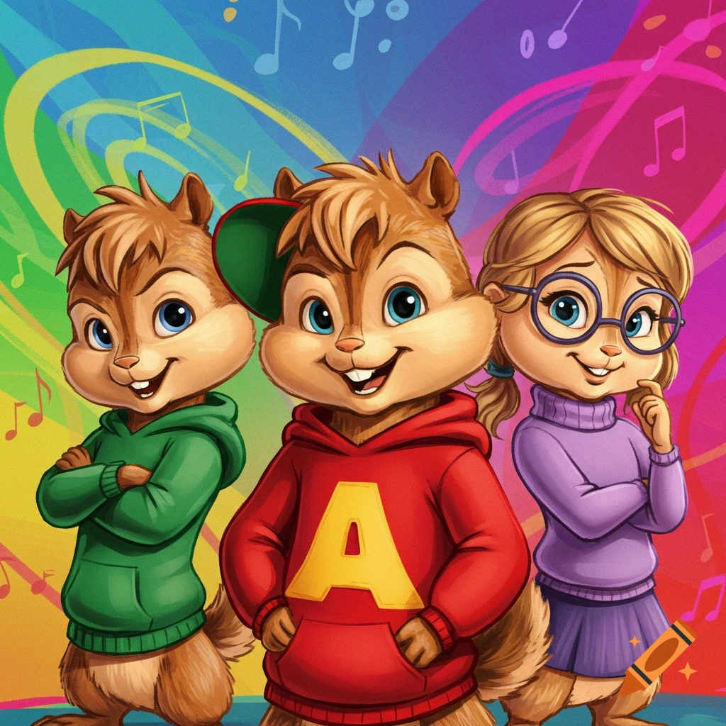 Three cartoon chipmunks, two males and one female with glasses, stand smiling against a vibrant, colorful background with musical notes.