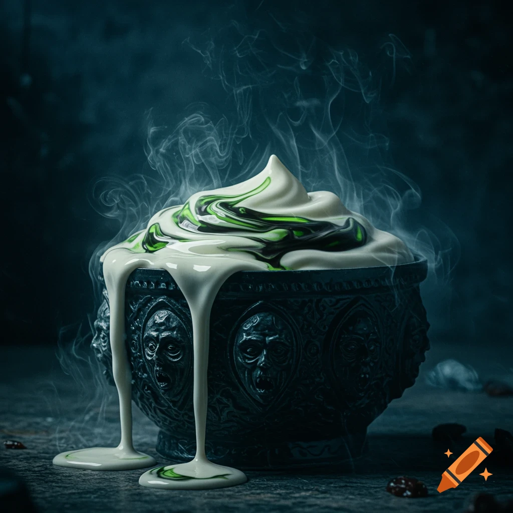 A gothic black cauldron overflowing with swirling white, green, and black cream, emitting smoke.
