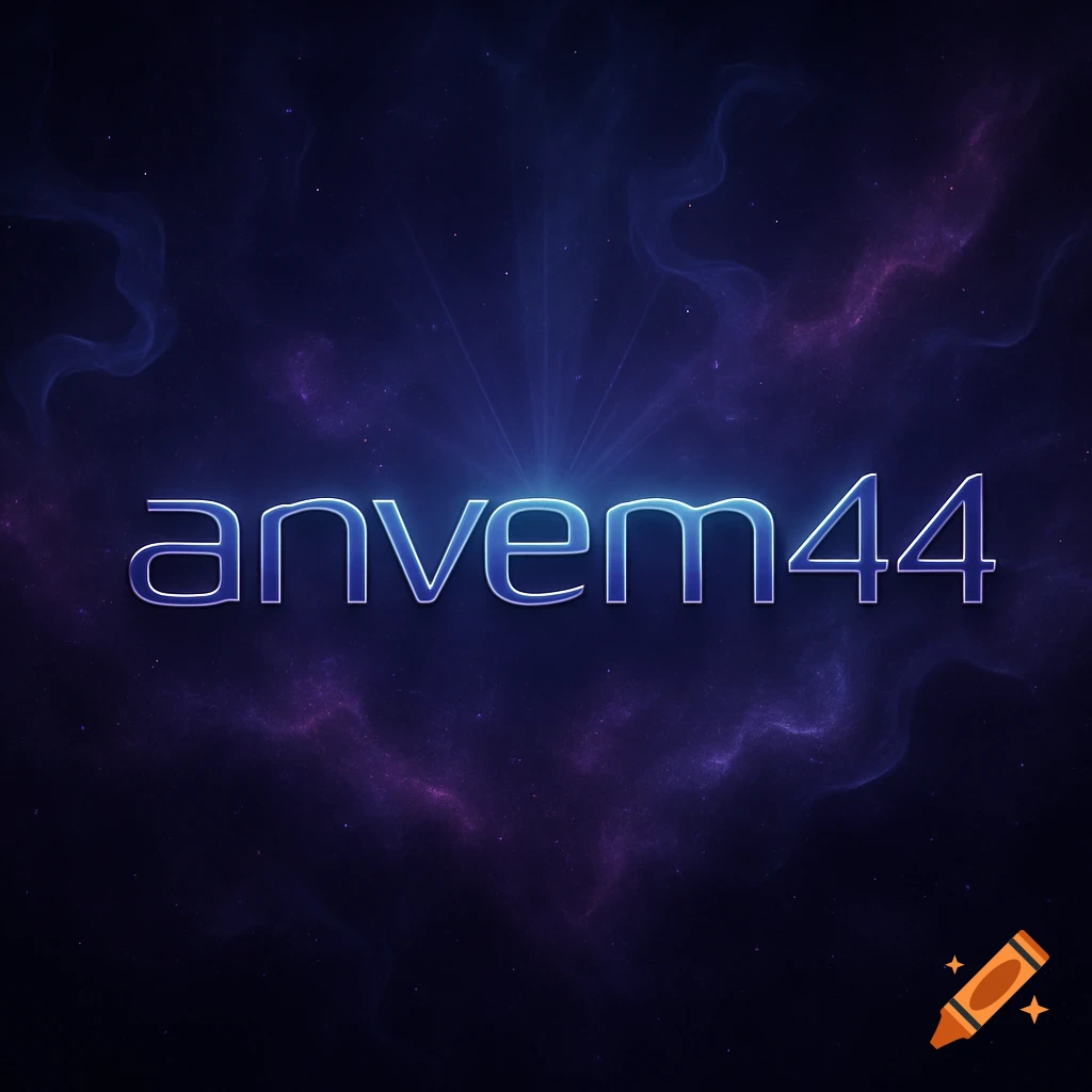 Metallic blue text 'anvem44' glowing against a dark cosmic background with nebulae and light rays.
