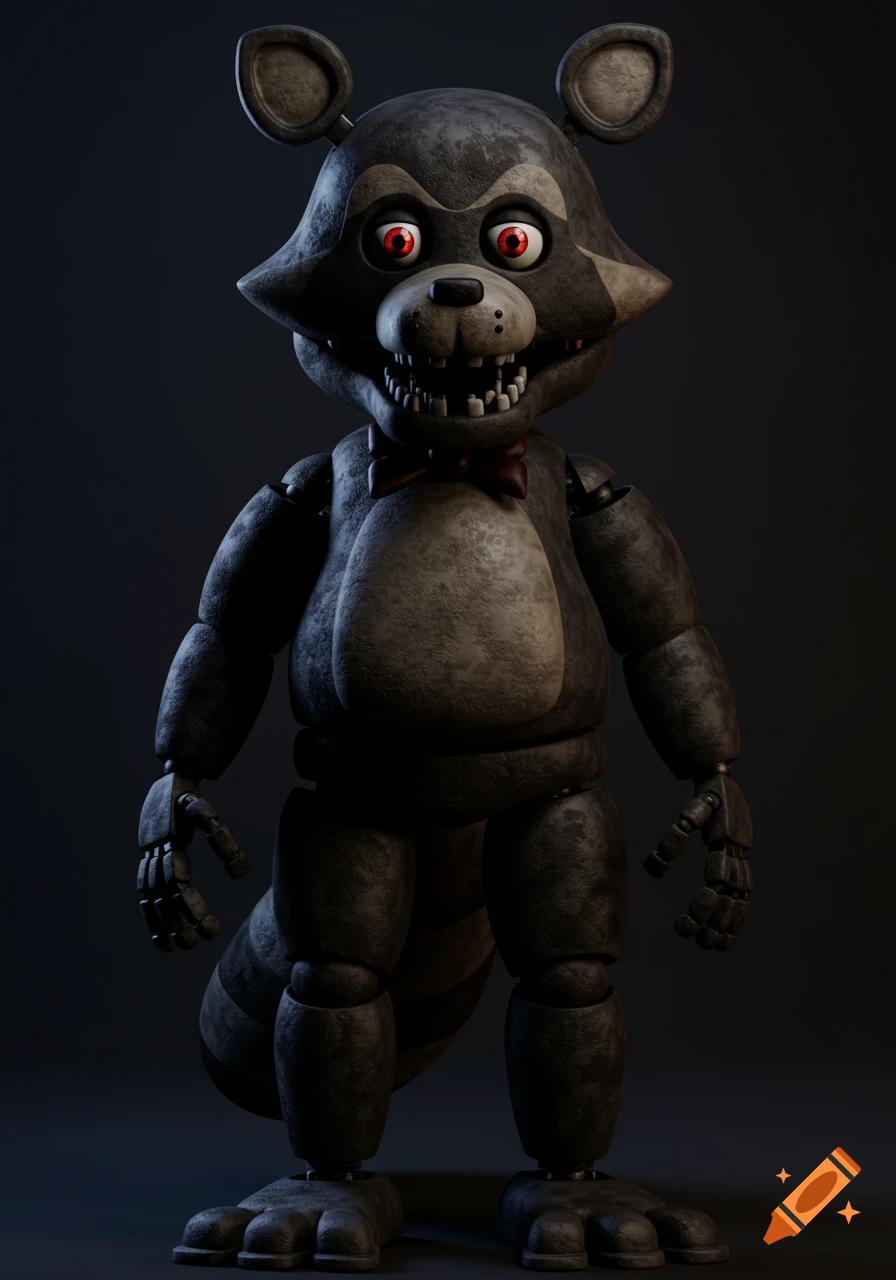 A menacing 3D-rendered animatronic raccoon character with red eyes and sharp teeth, in the style of Five Nights at Freddy's.