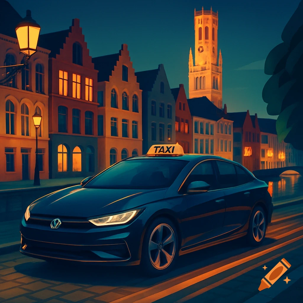 A dark taxi drives on a cobblestone street in a stylized European city at night, with illuminated buildings and a clock tower.