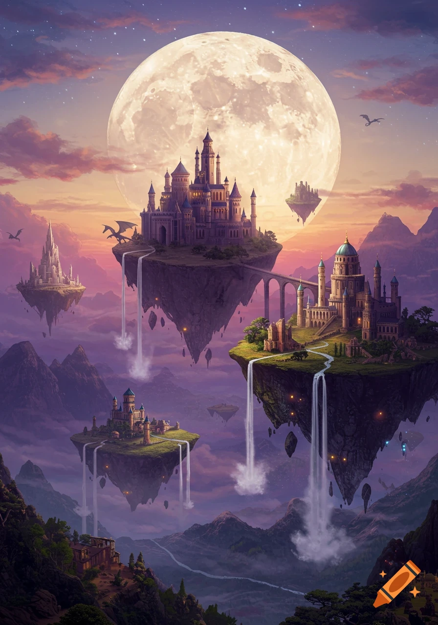 A magical digital painting of floating castles and islands with waterfalls under a giant full moon at twilight.