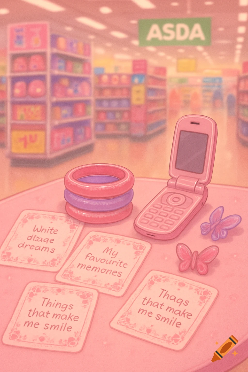 A pastel pink illustration showing a pink flip phone, pink and purple bangles, and four journal prompt cards with garbled text, on a pink surface in front of a blurred ASDA supermarket aisle.