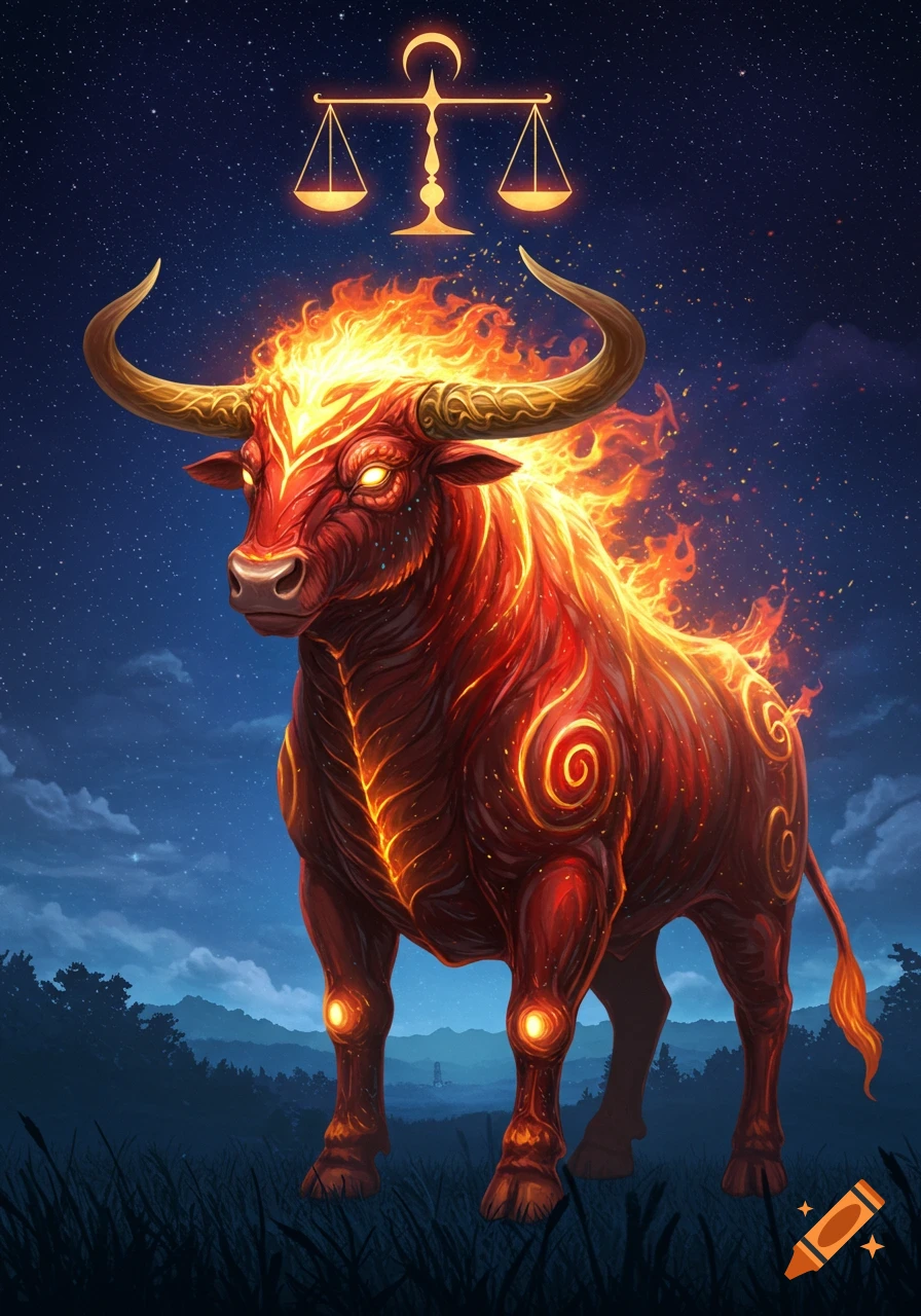 A majestic fiery red bull with glowing golden patterns stands under a starry night sky, with a golden Libra scale symbol floating above.