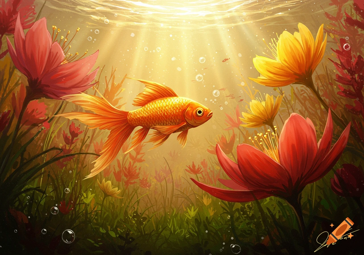 A vibrant illustration of a golden goldfish swimming among red and yellow underwater flowers in sunlit water.