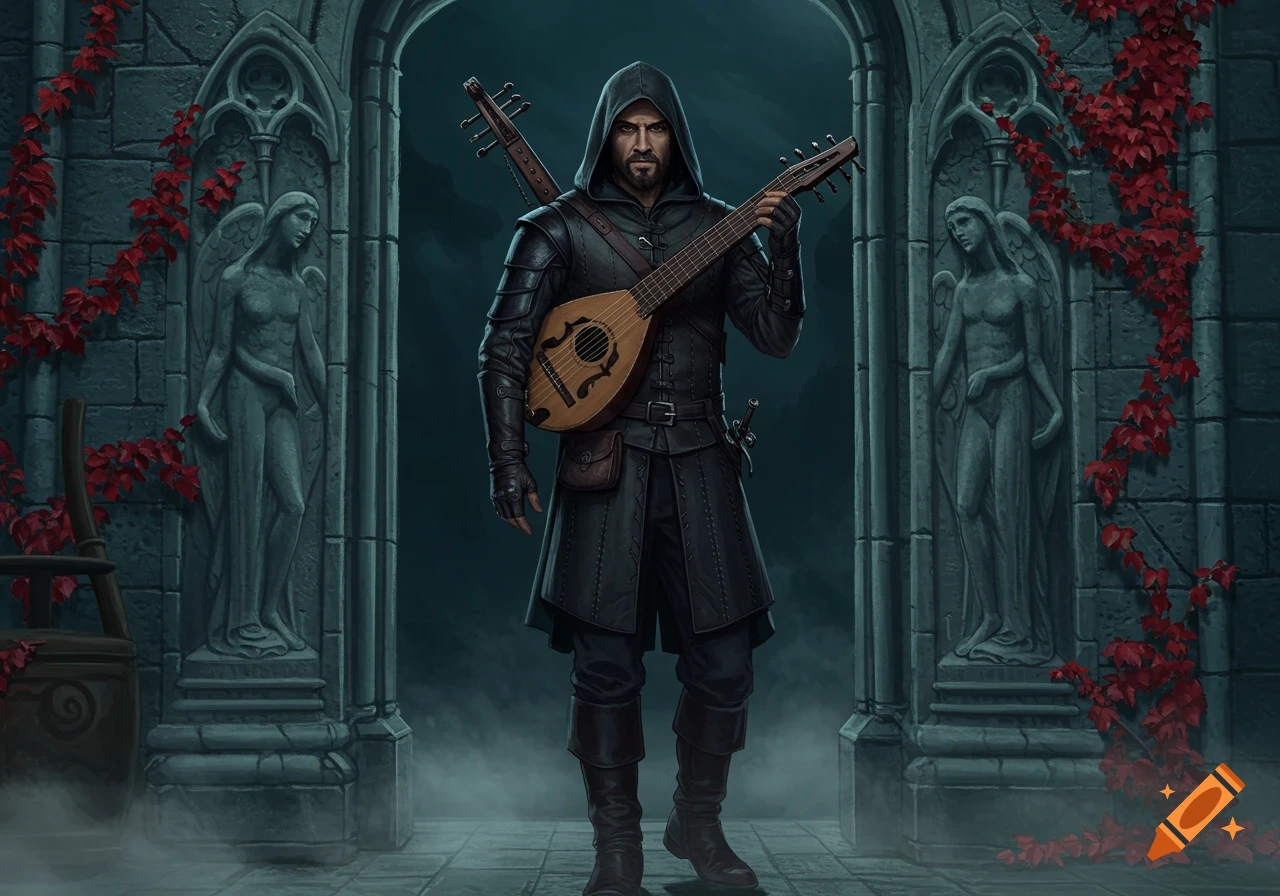 A brooding male character in a black hooded coat and leather armor, holding a lute, stands in a gothic archway flanked by stone angel statues and red vines.