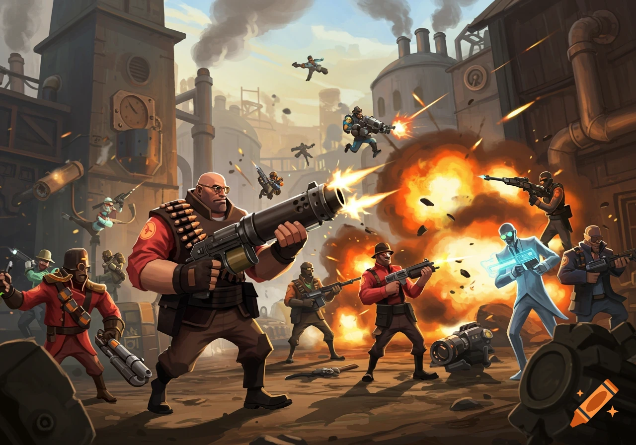Stylized cartoon art of Team Fortress 2 characters in an industrial battle, with explosions and gunfire.