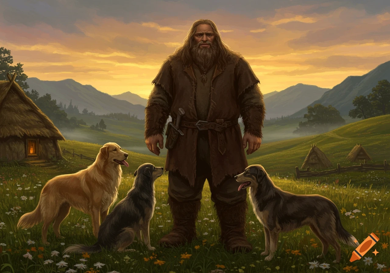 A large, bearded man in a brown tunic stands in a grassy field with three dogs at sunset, surrounded by mountains and huts in a fantasy art style.