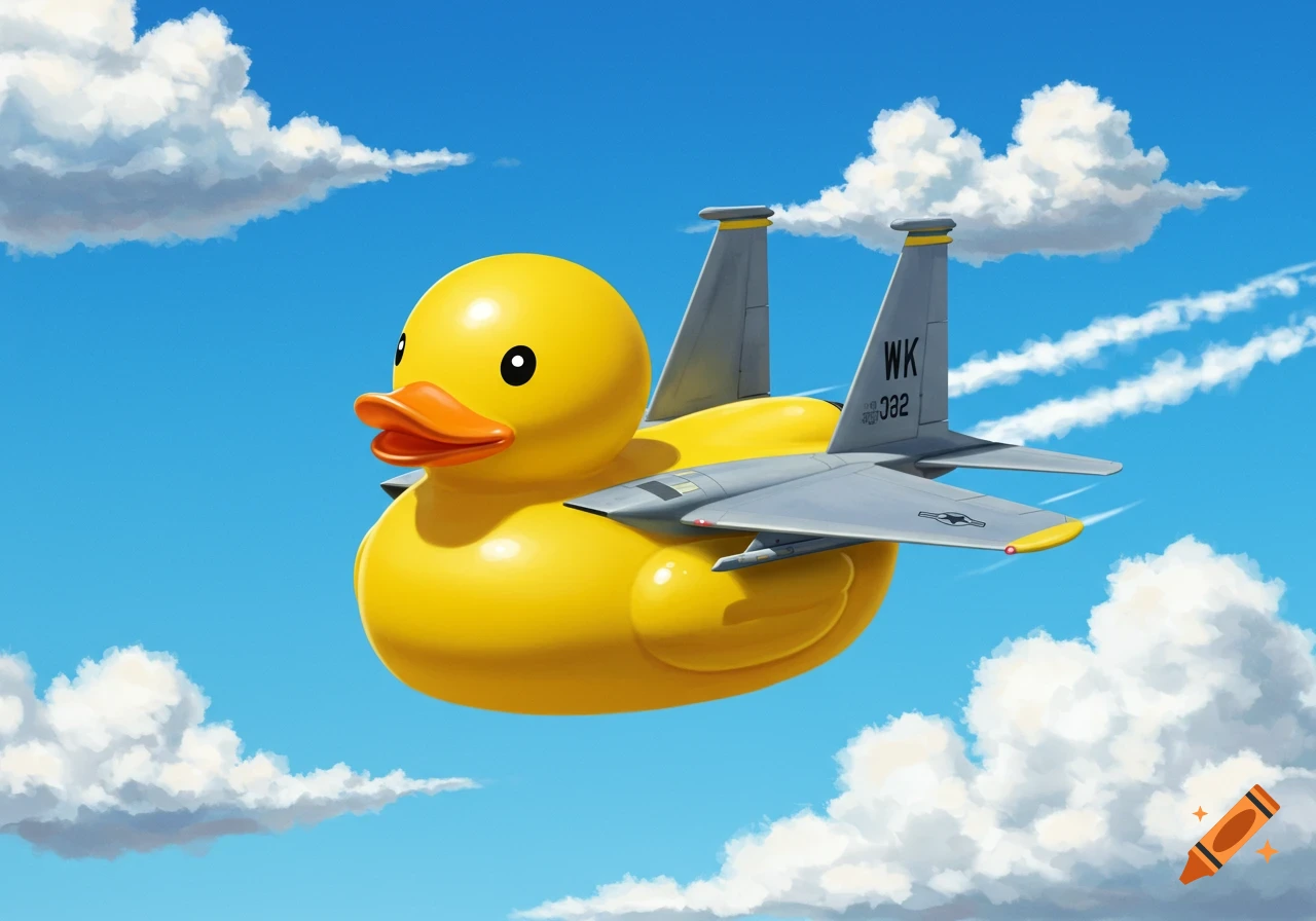 A yellow rubber duck with F-15 fighter jet wings and tail, flying through a blue sky with white clouds.