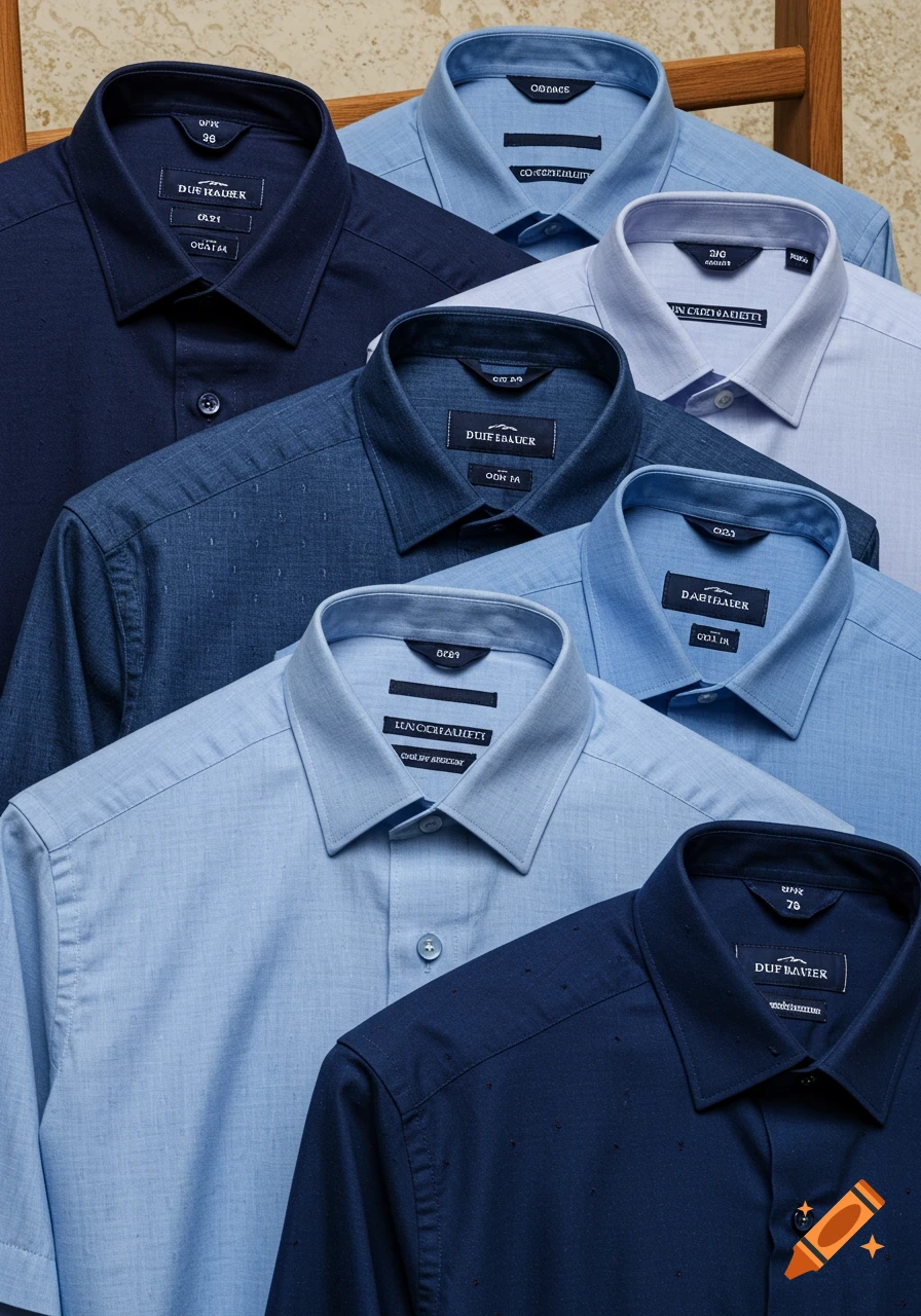Close-up of neatly folded blue and navy men's dress shirts with varying patterns and colors.