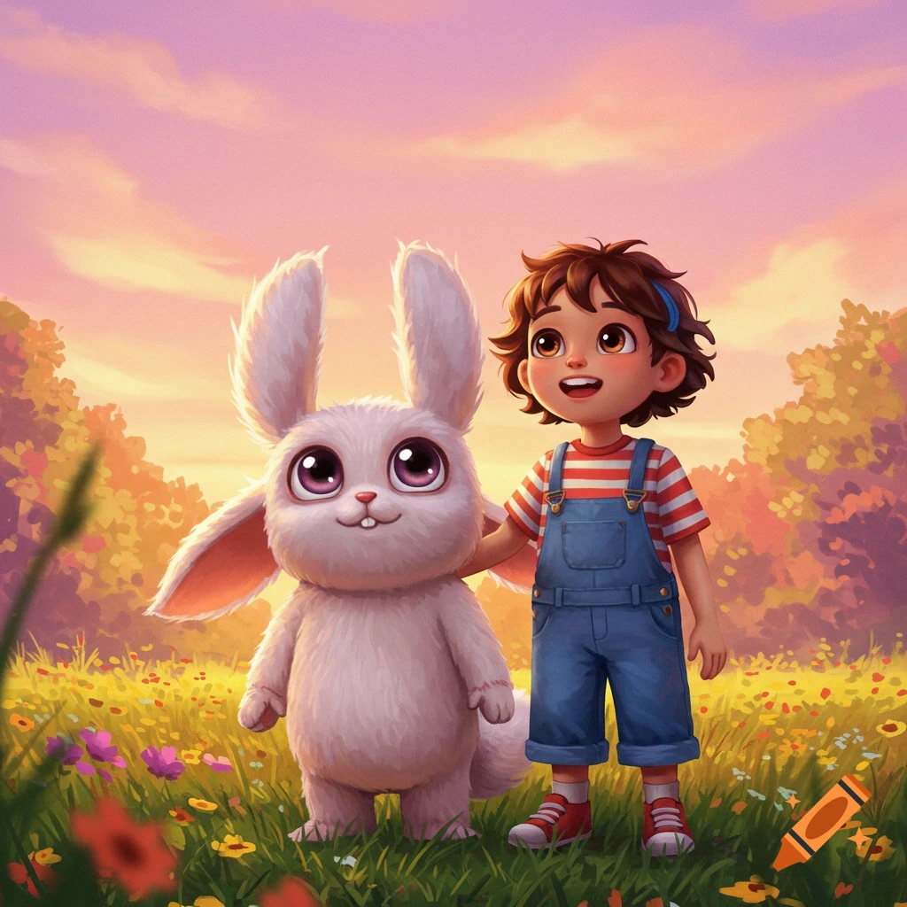 A whimsical illustration of a smiling child with a large, fluffy white rabbit in a sunny field.