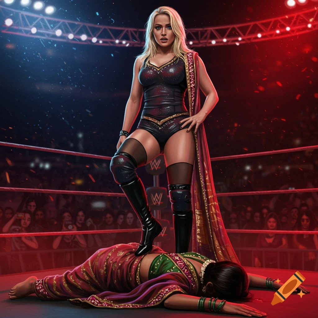 A blonde woman wrestler in black gear stands victorious with her foot on a defeated Indian rival in a red saree in a wrestling ring.