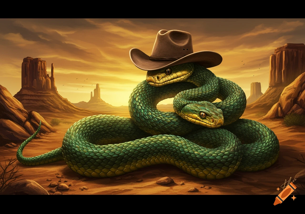 Two vibrant green snakes coiled in a desert landscape with mesas, one wearing a brown cowboy hat in a stylized illustration.