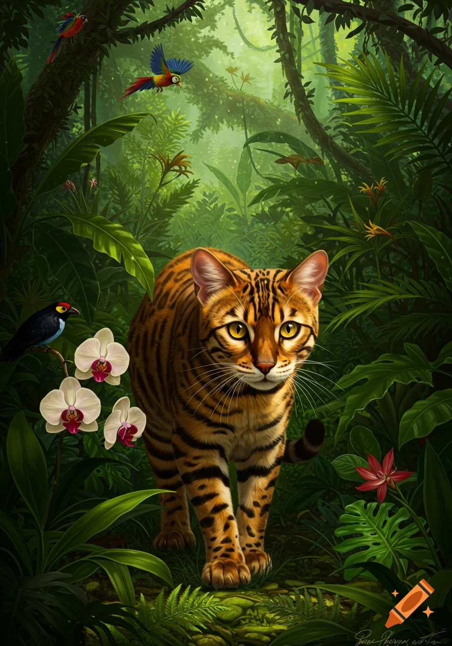 A realistic illustration of a Bengal cat with amber eyes walking in a lush jungle with colorful birds and white orchids.
