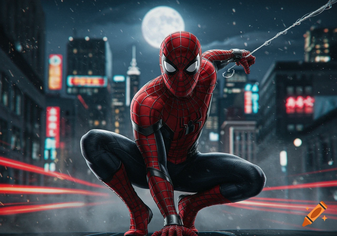 Spider-Man in a red and black suit crouches on a rooftop at night with a city skyline and full moon in the background.
