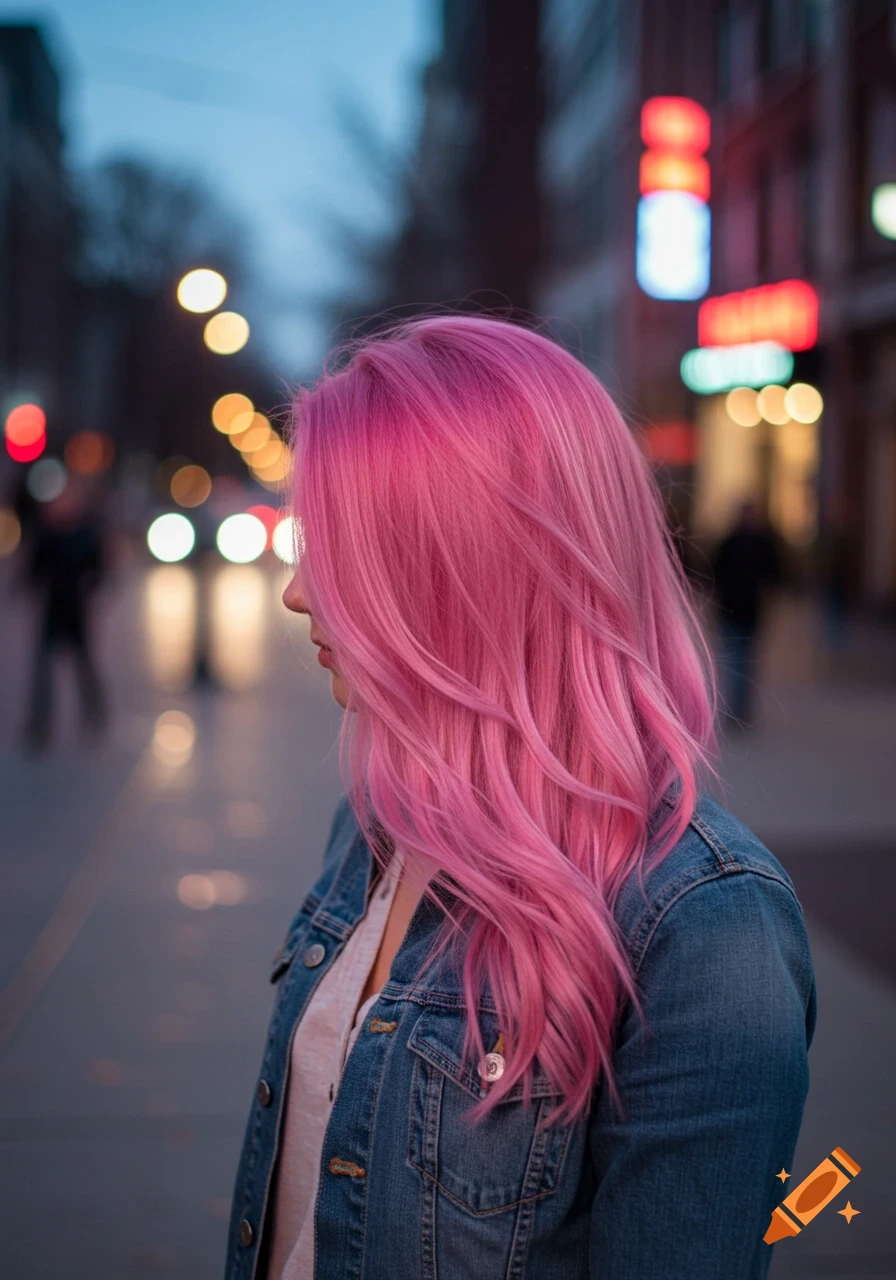 A person with long, wavy bubblegum pink hair and a denim jacket stands on a city street with blurred lights at dusk.
