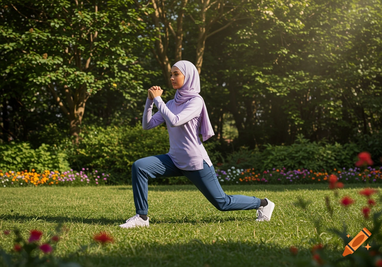 A modestly dressed woman in a hijab performs a lunge exercise on a sunny grassy field in a park.