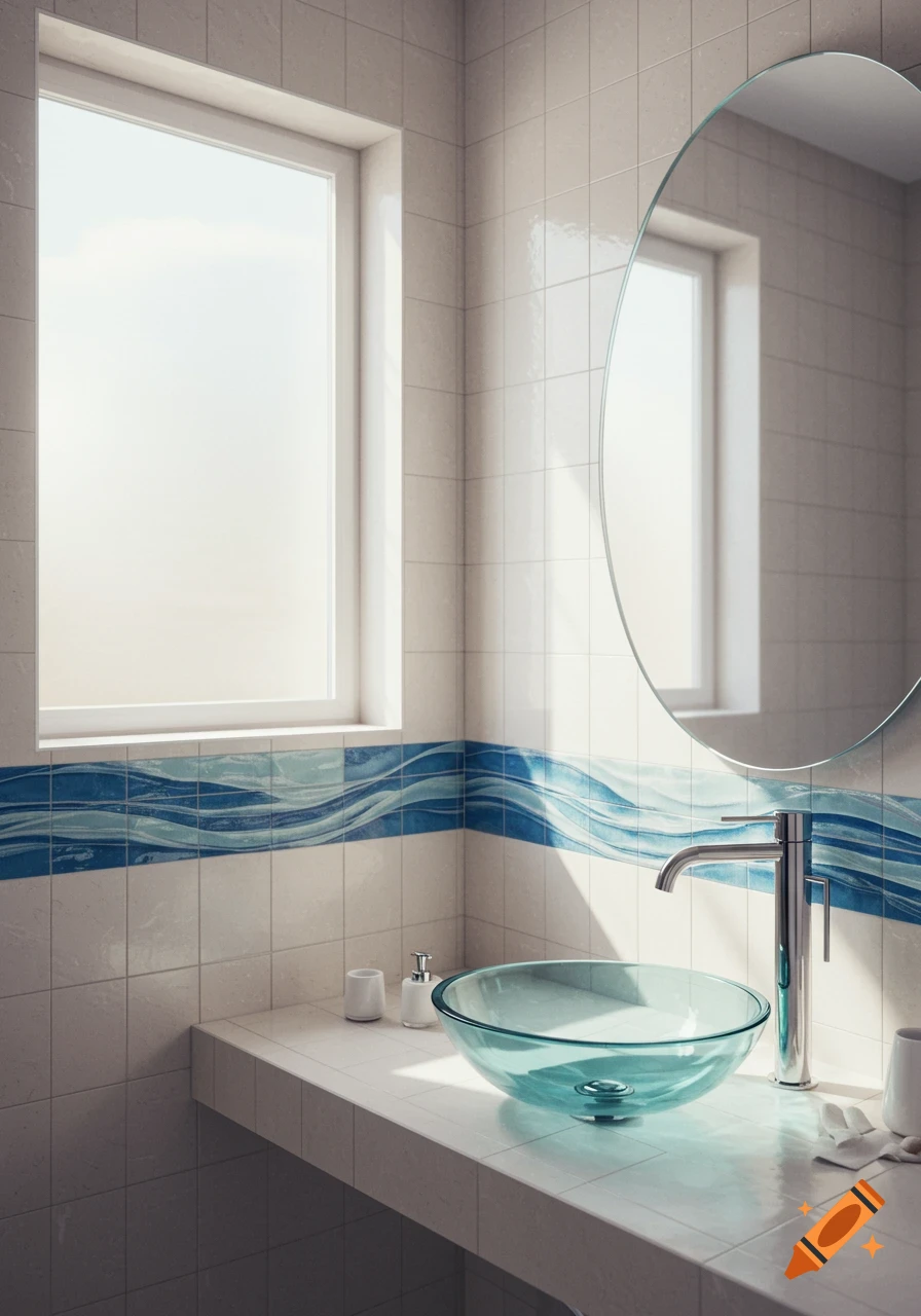 A modern bathroom with off-white tile, a blue wave-patterned accent band, a clear glass vessel sink, and a chrome faucet.