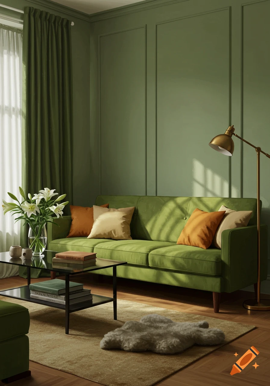 A modern living room featuring sage green walls and a matching velvet sofa with orange and beige throw pillows. A glass coffee table holds books and a vase of white lilies. Sunlight streams through a window, casting shadows on the wall.
