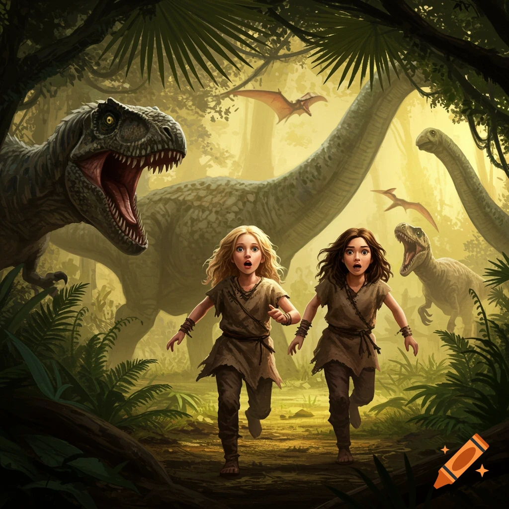 Two young girls in primitive clothes run in fear through a jungle from dinosaurs including a T-Rex and sauropods.