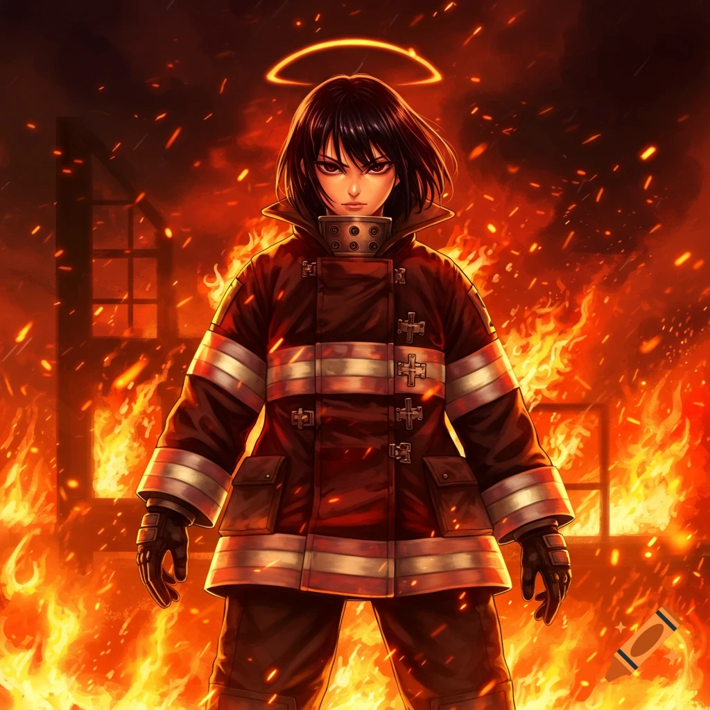 An anime firefighter with a halo stands intensely before a building engulfed in flames.