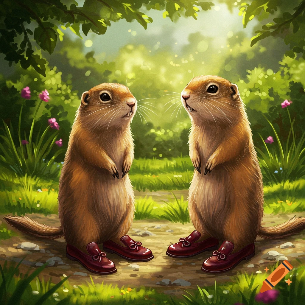 Two gophers stand upright in red loafers, facing each other in a sunlit forest. Detailed digital illustration.
