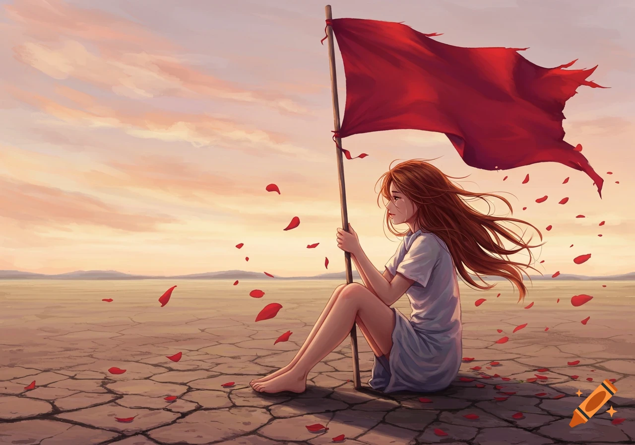 A sad girl with long brown hair sits barefoot on cracked earth, holding a tattered red flag, as red petals fall around her under a pastel sky.